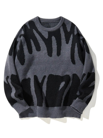 Men's Jacquard Pullover Sweater – Casual Round Neck, Contrast Color, Autumn/Winter Style