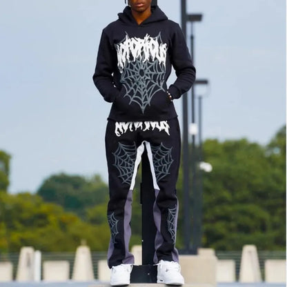 Y2K Cobweb Print Hoodie – Oversized Gothic Sweatshirt, Harajuku Streetwear for Men & Women