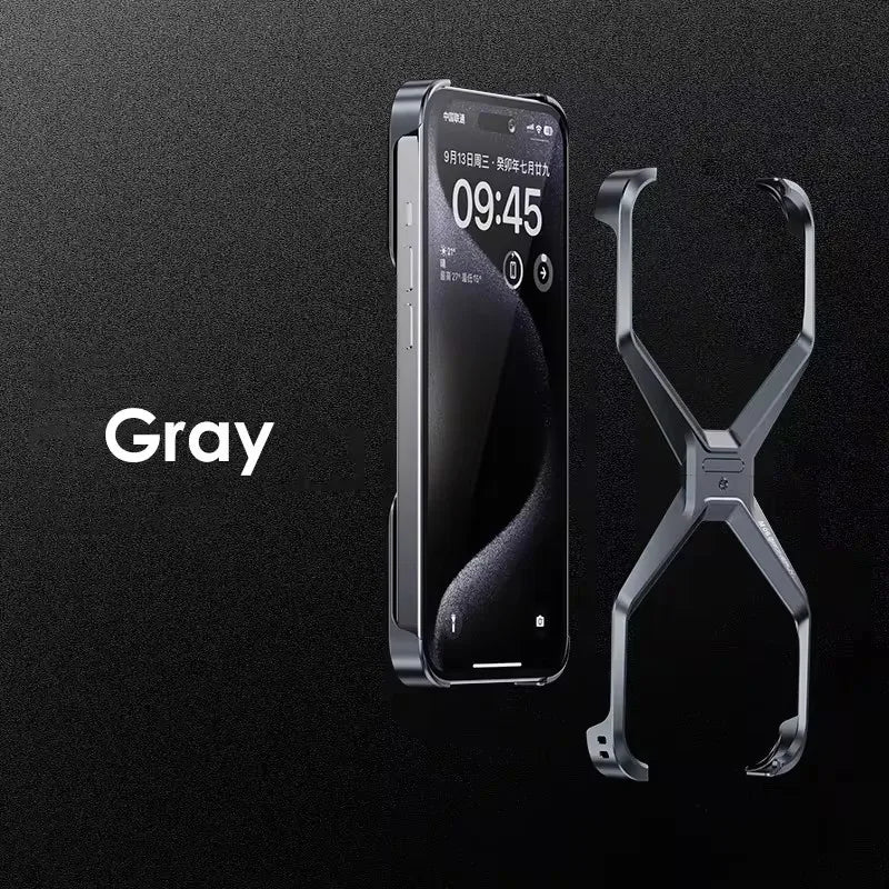 Metal Rimless Aluminum Case for iPhone 12-16 Pro Max – Removable, Heat-Dissipating Armor Cover.