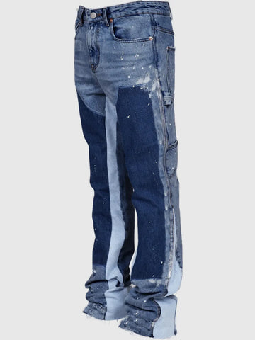 Men's Fashion Work Jeans – Elastic Patchwork Denim, Flared Layered Workwear, S-XXL