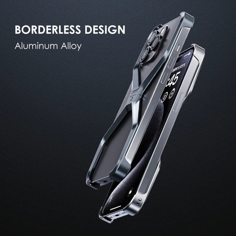 Metal Rimless Aluminum Case for iPhone 12-16 Pro Max – Removable, Heat-Dissipating Armor Cover.