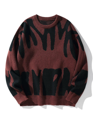 Men's Jacquard Pullover Sweater – Casual Round Neck, Contrast Color, Autumn/Winter Style