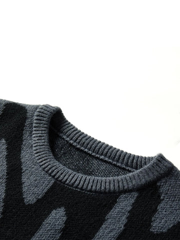 Men's Jacquard Pullover Sweater – Casual Round Neck, Contrast Color, Autumn/Winter Style